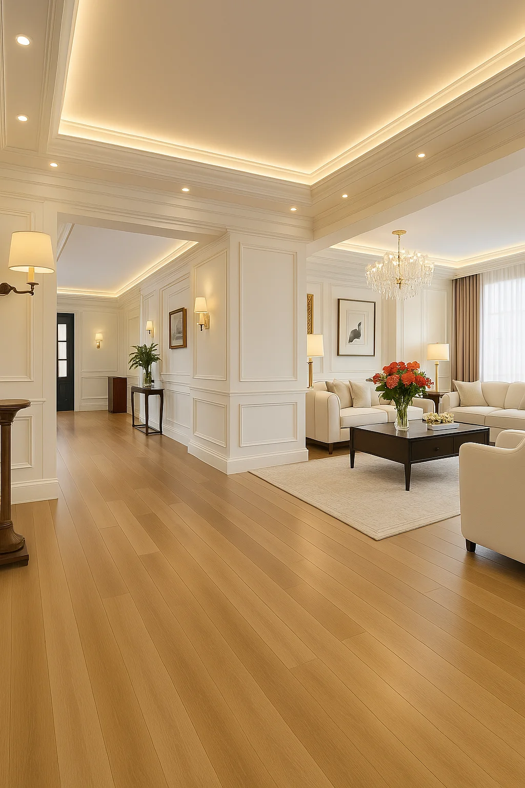 Sala de estar elegante con luz natural y acentos de madera